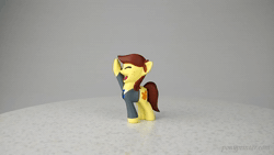 Size: 1920x1080 | Tagged: safe, artist:mraagh, oc, oc only, oc:canni soda, earth pony, pony, 3d, 3d print, animated, beaming, bizzaam, blender, brown mane, cheering, clothes, cute, excited, eyes closed, female, figure, figurine, happy, irl, mare, necktie, open mouth, painted, photo, raised hoof, short mane, simple background, solo, standing, statue, turntable, video, webm, yellow coat