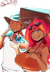 Size: 1400x2000 | Tagged: safe, artist:sozglitch, sunset shimmer, oc, oc:generic messy hair anime anon, human, g4, big breasts, breasts, canon x oc, drinking, female, hat, huge breasts, humanized, male, open mouth, open smile, parasol (umbrella), shipping, simple background, smiling, straight, sunglasses, sunglasses on head, sweat, water bottle, white background