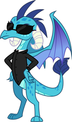 Size: 3384x5747 | Tagged: safe, artist:php170, princess ember, dragon, g4, agent pe, badass, clothes, crossover, dragon in black, dragoness, female, hands on waist, horn, men in black, simple background, solo, suit, sunglasses, tail, transparent background, vector, wings