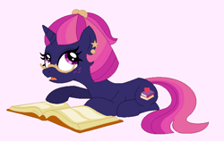 Size: 680x430 | Tagged: safe, artist:anutya, oc, oc only, oc:cosmic crisp, pony, unicorn, book, female, freckles, glasses, horn, lying down, mare, offspring, parent:big macintosh, parent:twilight sparkle, parents:twimac, pink background, prone, reading, simple background, solo, unicorn oc