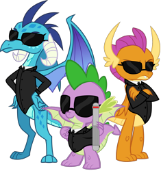 Size: 5672x6034 | Tagged: safe, artist:php170, princess ember, smolder, spike, dragon, g4, agent pe, agent sm, agent sp, badass, claws, clothes, cool, crossed arms, crossover, dragon in black, dragon trio, dragoness, female, folded wings, group, grumpy, hands on waist, horn, looking at you, male, men in black, narrowed eyes, neuralizer, pouting, simple background, smiling, smiling at you, spread wings, suit, sunglasses, tail, teenaged dragon, teenager, transparent background, trio, vector, winged spike, wings