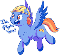 Size: 1751x1601 | Tagged: safe, artist:wownamesarehard, derpibooru exclusive, philly, pegasus, pony, g5, my little pony: tell your tale, sisters take flight, spoiler:g5, spoiler:my little pony: tell your tale, spoiler:tyts01e03, bean mouth, chest fluff, clothes, colored wings, dialogue, flying, hard hat, hat, male, multicolored wings, scene interpretation, simple background, solo, spread wings, stallion, transparent background, unshorn fetlocks, wings