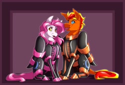 Size: 2048x1384 | Tagged: safe, artist:parrpitched, oc, oc only, oc:fireheart(fire), oc:storm cloud, bat pony, pegasus, pony, :p, bat pony oc, cute, duo, fireheart76's latex suit design, latex, latex suit, pegasus oc, prisoners of the moon, rubber, rubber suit, sitting, tongue out