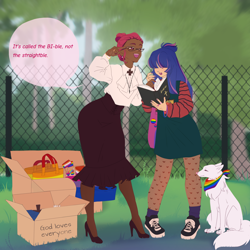 Size: 3072x3072 | Tagged: safe, artist:cryweas, oc, oc only, oc:estella sparkle, oc:venus red heart, fox, human, kitsune, bag, bible, bisexual pride flag, book, box, bracelet, christianity, clothes, commission, converse, cross, dark skin, duo, ear piercing, earring, eyebrow piercing, female, fence, fishnet stockings, gay pride flag, glasses, hair over eyes, high heels, high res, humanized, humanized oc, jewelry, lesbian pride flag, nail polish, necklace, nonbinary pride flag, nose piercing, nose ring, offspring, open mouth, overalls, pansexual pride flag, parent:flash sentry, parent:twilight sparkle, parents:flashlight, piercing, pride, pride flag, pride month, religion, ring, shirt, shoes, skirt, socks, stockings, thigh highs, tree