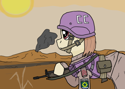 Size: 3500x2500 | Tagged: safe, artist:dafid25, earth pony, pony, equestria at war mod, bulletproof vest, clothes, convocation of creatures, desert, flag patch, g3a3, helmet, high res, peacekeeper, river federation, smoke, soldier, sun, uniform