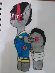 Size: 4608x3456 | Tagged: safe, artist:acid flask, oc, oc only, bat pony, bandage, bat pony oc, clothes, female, mare, scar, short mane, short tail, smiling, solo, suit, tail, traditional art, watercolor painting