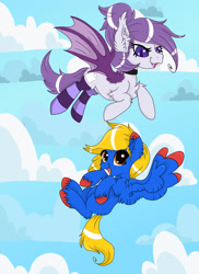 Size: 1416x1944 | Tagged: safe, artist:annuthecatgirl, oc, oc only, oc:hawrs, oc:mullet, unnamed oc, bat pony, pegasus, pony, chest fluff, clothes, ear fluff, flying, purple hair, socks, striped socks