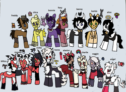 Size: 1649x1207 | Tagged: safe, alicorn, angel, angel pony, arachnid, deer, deer pony, demon, demon pony, earth pony, hellhound, hybrid, imp, insect, monster pony, moth, mothpony, original species, pegasus, pony, spider, spiderpony, undead, unicorn, unideer, wendigo, adopted daughter, adopted father, adopted offspring, alastor, alice angel, angel dust (hazbin hotel), bendy, bendy and the ink machine, blitzo buckzo, bonnie (fnaf), borkis, buck, charlie morningstar, chica, crossover, deer pony demon, disguise, disguised angel, exorcist angel, fallen angel, fanart, father and child, father and daughter, female, femboy, five nights at freddy's, foxy, freddy fazbear, halo, hazbin hotel, heavenborn, hellaverse, hellborn, hellhound pony, helluva boss, husband and wife, immediate murder professionals, loona (helluva boss), male, mare, millie knolastname, missing eye, misspelling, moth angel, mothpony angel, moxxie knolastname, overlord demon, ponified, princess, princess of hell, sinner demon, spider demon, spiderpony demon, stallion, tumblr, vaggie, wendigo pony