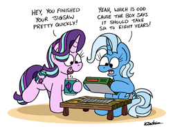 Size: 2300x1692 | Tagged: safe, artist:bobthedalek, starlight glimmer, trixie, pony, unicorn, g4, atg 2023, comically missing the point, jigsaw, kite, missing the point, misunderstanding, mug, newbie artist training grounds, simple background, table, that pony sure does love kites, white background