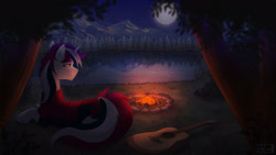 Size: 1280x720 | Tagged: safe, artist:alicetriestodraw, oc, oc only, pony, unicorn, armor, campfire, commission, forest, full moon, guitar, lake, lying down, male, moon, musical instrument, night, prone, solo, stallion, water