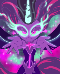 Size: 2480x3058 | Tagged: safe, artist:nightglowfan, sci-twi, twilight sparkle, human, equestria girls, g4, my little pony equestria girls: friendship games, featured image, female, flaming eyes, flowing hair, glowing, glowing horn, hand, high res, horn, lidded eyes, long hair, looking at you, magic, midnight sparkle, outstretched arms, slender, slit pupils, smiling, solo, thin