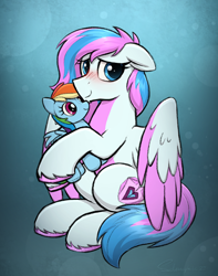 Size: 2774x3520 | Tagged: safe, artist:selenophile, rainbow dash, oc, oc:dyn, pegasus, pony, g4, blushing, colored wings, cute, high res, multicolored hair, multicolored mane, multicolored wings, pegasus oc, plushie, rainbow dash plushie, shy, snuggling, solo, spread wings, unshorn fetlocks, wings