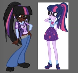 Size: 1216x1135 | Tagged: safe, artist:darkzombiez, sci-twi, twilight sparkle, human, equestria girls, g4, clothes, dark skin, ear piercing, glasses, jewelry, necklace, piercing, redesign, simple background, sketch, smiling, solo