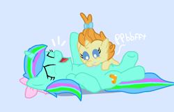 Size: 1080x696 | Tagged: safe, artist:princessdestiny200i, pumpkin cake, pony, unicorn, g4, baby, baby pony, babysitting, blue background, bow, drool, duo, foal, foalsitter, foalsitting, hair bow, kissing, laughing, lying down, multicolored mane, on back, onomatopoeia, raised hoof, raspberry, simple background, sucking, tickling, tongue out, tummy buzz
