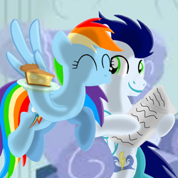 Size: 1400x1400 | Tagged: safe, artist:mlplary6, rainbow dash, soarin', pegasus, pony, g4, apple, apple pie, armchair, chair, cheek kiss, eyes closed, female, flying, food, husband and wife, journal, kissing, love, male, mare, pie, ship:soarindash, shipping, sitting, smiling, stallion, straight