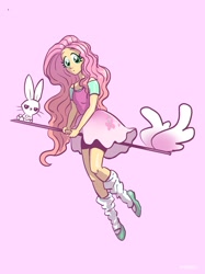 Size: 2048x2732 | Tagged: safe, artist:pfeffaroo, angel bunny, fluttershy, human, equestria girls, g4, broom, clothes, dress, duo, flying, flying broomstick, high res, pink background, simple background