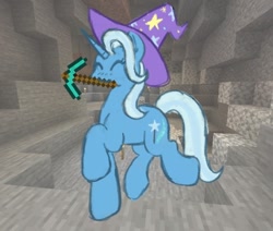 Size: 748x634 | Tagged: safe, artist:mossyfig, trixie, pony, unicorn, g4, bone, cave, crossover, cute, diamond pickaxe, diatrixes, eyes closed, minecraft, mouth hold, pickaxe, skeleton, solo