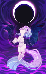 Size: 1679x2700 | Tagged: safe, artist:breloomsgarden, oc, oc only, pegasus, pony, commission, eclipse, flying, galaxy, long tail, moon, ponytail, smiling, solo, spread wings, stars, tail, unshorn fetlocks, wings