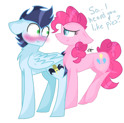 Size: 1650x1634 | Tagged: safe, artist:gallantserver, pinkie pie, soarin', pony, g4, blushing, concave belly, female, male, shipping, simple background, soarinpie, straight, transparent background