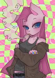 Size: 1441x2048 | Tagged: safe, artist:qiwi, pinkie pie, earth pony, anthro, g4, belt, cigarette, clothes, jacket, nail polish, pinkamena diane pie, smoking, solo, tank top