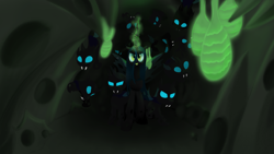 Size: 3840x2160 | Tagged: source needed, safe, artist:stellardust, queen chrysalis, changeling, changeling queen, g4, 4k, changeling hive, cocoon, dark, fangs, female, glowing, glowing eyes, glowing horn, high res, horn, speedpaint available