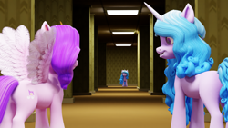 Size: 3840x2160 | Tagged: safe, artist:raindashesp, izzy moonbow, pipp petals, pegasus, pony, unicorn, g5, 3d, duality, duo, duo female, female, high res, liminal space, mare, reflection, the backrooms, unaware, when you see it