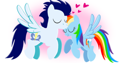 Size: 1980x1020 | Tagged: safe, artist:mlplary6, rainbow dash, soarin', pegasus, pony, g4, boyfriend and girlfriend, eyes closed, female, flying, forehead kiss, heart, kissing, love, male, mare, ship:soarindash, shipping, stallion, straight