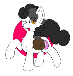 Size: 1335x1374 | Tagged: safe, artist:nyrikiri, oc, oc only, oc:pon-pushka, earth pony, pony, bag, chest fluff, colored pupils, looking at you, one eye closed, open mouth, open smile, pon-pushka, raised hoof, saddle bag, simple background, smiling, smiling at you, solo, two toned mane, white background, white coat, wink, winking at you