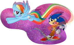 Size: 1142x700 | Tagged: safe, artist:pinkandorangesunset, rainbow dash, hedgehog, pegasus, pony, g4, clothes, crossover, crossover shipping, female, jumpsuit, male, prison outfit, prisoner, shipping, sonic the hedgehog, sonic the hedgehog (series), sonicdash, straight