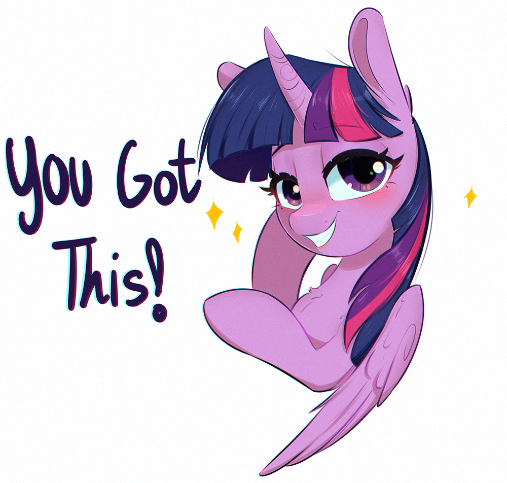 [alicorn,blushing,bust,chest fluff,cute,dialogue,female,grin,looking at you,mare,pony,portrait,safe,simple background,solo,sparkles,talking to viewer,twilight sparkle,white background,encouragement,twiabetes,lidded eyes,smiling,smiling at you,twilight sparkle (alicorn),you got this,artist:inkypuso]