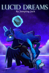 Size: 2000x3000 | Tagged: safe, artist:littletigressda, princess luna, pony, fanfic:lucid dreams, g4, book, clothes, fanfic, fanfic art, fanfic cover, high res, scarf, striped scarf