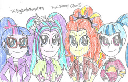 Size: 1024x655 | Tagged: safe, artist:celmationprince, adagio dazzle, aria blaze, sci-twi, sonata dusk, twilight sparkle, human, equestria girls, g4, art trade, simple background, the dazzlings, traditional art, white background