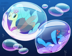 Size: 2250x1750 | Tagged: safe, artist:bladedragoon7575, princess skystar, oc, oc:aqua, pony, seapony (g4), g4, my little pony: the movie, bubble, bubble solution, crepuscular rays, dorsal fin, duo, female, fin, fin wings, fins, fish tail, flower, flower in hair, flowing mane, flowing tail, freckles, in bubble, jewelry, necklace, ocean, pearl necklace, sunlight, swimming, tail, underwater, water, wings