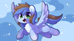 Size: 4096x2303 | Tagged: safe, artist:sakukitty, oc, oc only, oc:djthed, pegasus, pony, chest fluff, eye clipping through hair, flying, high res, looking at you, male, open mouth, open smile, pegasus oc, signature, smiling, smiling at you, solo, spread wings, stallion, wings