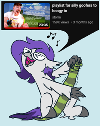 Size: 726x914 | Tagged: safe, artist:skookz, oc, oc:crosnov, hippogriff, human, clothes, glasses, male, scarf, simple background, singing, sitting, speech bubble, text, thumbnail, youtube