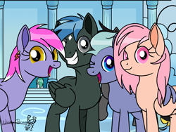 Size: 2048x1536 | Tagged: safe, artist:windy breeze, oc, oc only, oc:ash dawn, oc:star seeker, oc:thunder light, oc:windy evergood, oc:windy vivacity, fallout equestria, best friends, black coat, blue eyes, cloud city, coat markings, dashite, ear piercing, earring, facial markings, female, foreshadowing, golden eyes, gray coat, gray eyes, green tail, grin, group photo, happy, height difference, jewelry, looking at you, male, mare, one eye closed, piercing, pink eyes, purple coat, signature, smiling, smiling at you, stallion, star (coat marking), tail, white coat, wing hold, wings, wink, winking at you