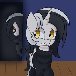 Size: 2000x2000 | Tagged: safe, artist:bestponies, oc, oc:diamond horseshoe, changeling, pony, unicorn, clothes, dark, female, high res, looking back, mare, scared