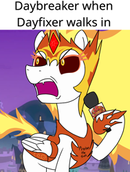 Size: 680x900 | Tagged: safe, alternate version, artist:unitxxvii, daybreaker, alicorn, pony, g4, female, frown, hoof hold, mare, microphone, open mouth, solo, text, turned head