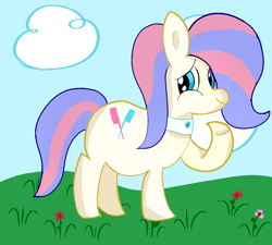 Size: 1000x900 | Tagged: safe, artist:leakypipes, bonna fide, glamour gleam, crystal pony, pony, g4, cloud, flower, grass, looking at you, request, requested art, requester:reversalmushroom, sky, smiling, solo