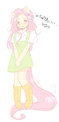 Size: 545x1130 | Tagged: safe, artist:mangel, fluttershy, human, pony, equestria girls, g4, blushing, clothes, dress, eared humanization, humanized, japanese, simple background, text, white background