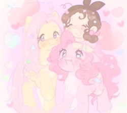 Size: 1050x927 | Tagged: safe, artist:mangel, fluttershy, pinkie pie, earth pony, human, pegasus, pony, g4, heart, open mouth, smiling, trio