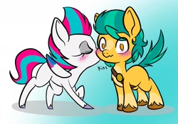 Size: 2048x1431 | Tagged: safe, artist:steelsoul, hitch trailblazer, zipp storm, earth pony, pegasus, pony, g5, adorazipp, blushing, cheek kiss, chibi, cute, duo, duo male and female, eyes closed, female, folded wings, gradient background, hitchbetes, kissing, male, mare, sash, ship:stormblazer, shipping, stallion, straight, surprised, wings