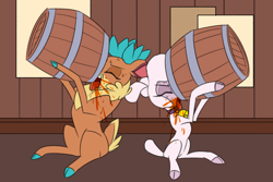 Size: 1800x1200 | Tagged: safe, artist:thescornfulreptilian, pom (tfh), velvet (tfh), deer, reindeer, sheep, them's fightin' herds, alcohol, barrel, cloven hooves, community related, drink, drinking, duo