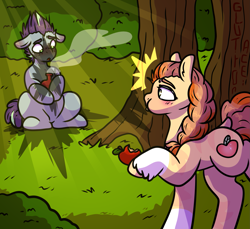 Size: 1895x1733 | Tagged: safe, artist:sexygoatgod, oc, oc only, earth pony, hybrid, pony, zony, apple, duo, eating, explosion, food, forest, herbivore, potion, surprised