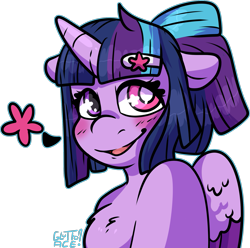 Size: 1799x1782 | Tagged: safe, artist:sexygoatgod, oc, oc only, oc:twinkle sparkle, alicorn, pony, semi-anthro, adoptable, alicorn oc, blushing, female, horn, human shoulders, simple background, smiling, solo, transparent background, wings