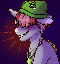 Size: 1818x1922 | Tagged: safe, artist:sexygoatgod, oc, oc only, oc:foggy day, pony, unicorn, adoptable, beanie, blushing, ear piercing, earring, floppy ears, gradient background, hat, jewelry, piercing, solo