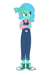 Size: 1640x2360 | Tagged: safe, artist:reececup11, oc, oc only, oc:topaz glimmer, human, equestria girls, g4, my little pony equestria girls, blue eyes, blue hair, closed mouth, clothes, cutie mark on clothes, equestria girls oc, equestria girls-ified, eyebrows, female, frown, green hair, humanized, looking at someone, looking at something, outfit, overalls, signature, simple background, smiling, solo, transparent background, woman