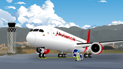 Size: 4000x2250 | Tagged: safe, artist:ponyrailartist, oc, oc only, oc:sofia reds, airport, andes, atc tower, avianca, boeing, boeing 787, bow, cloud, flight attendant, genx, gray coat, hair bow, high res, irl location, jet engine, looking up, mountain, plane, star alliance, tower