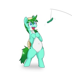 Size: 1000x1000 | Tagged: safe, artist:kushina13, oc, oc only, pony, belly button, bipedal, cucumber, food, herbivore, kappa, offscreen character, open mouth, open smile, ponified, simple background, smiling, white background