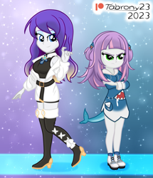 Size: 1597x1860 | Tagged: safe, artist:tabrony23, rarity, sweetie belle, human, shark, equestria girls, g4, angry, belle sisters, boots, clothes, cosplay, costume, cute, duo, female, gawr gura, high heel boots, hololive, looking at you, moona hoshinova, shoes, siblings, sisters, smiling, smiling at you, socks, sweetie belle is not amused, thigh boots, thigh highs, unamused, vtuber
